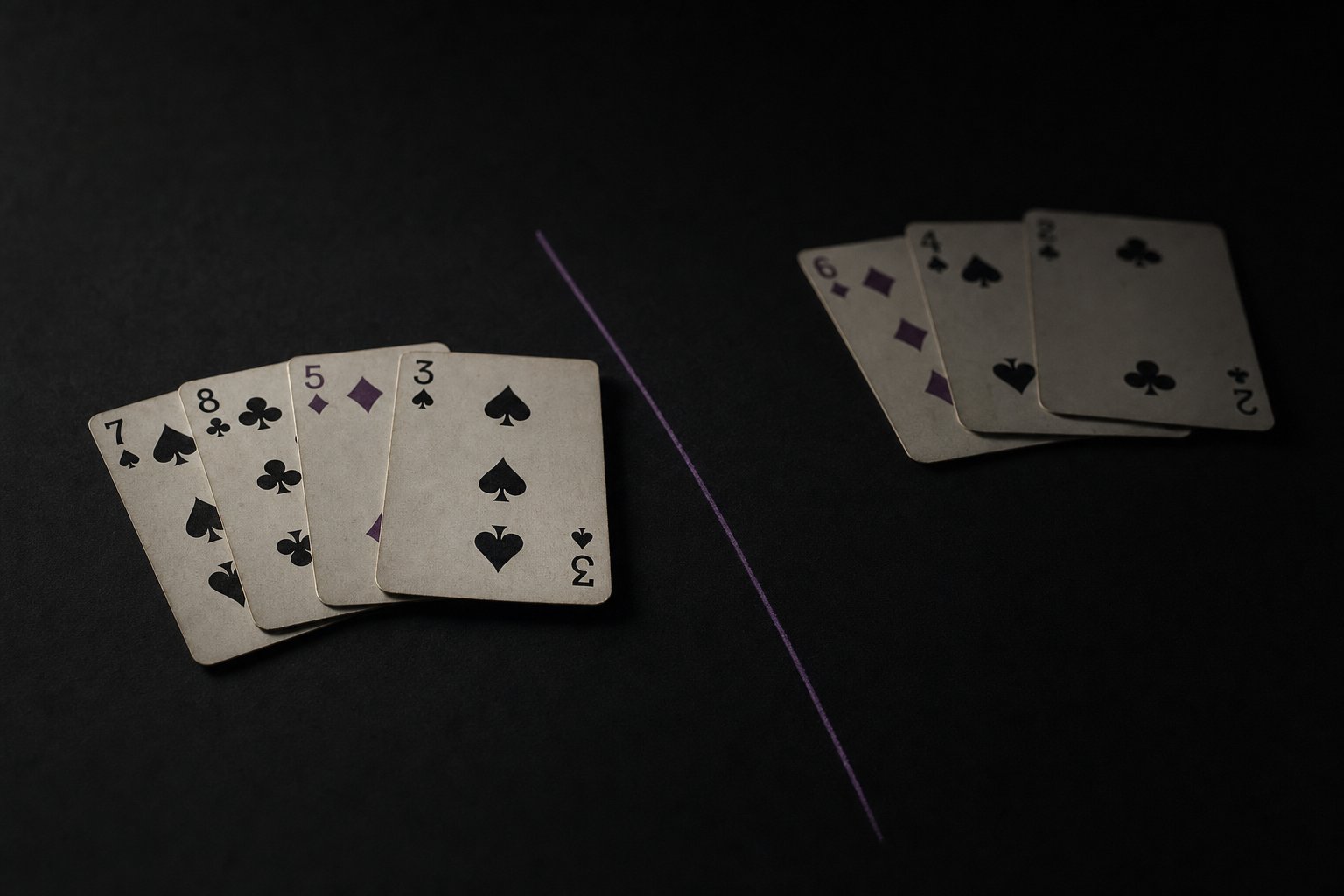Duas mãos de cartas dispostas em mesa escura, separadas por uma linha, como duas colunas comparadas