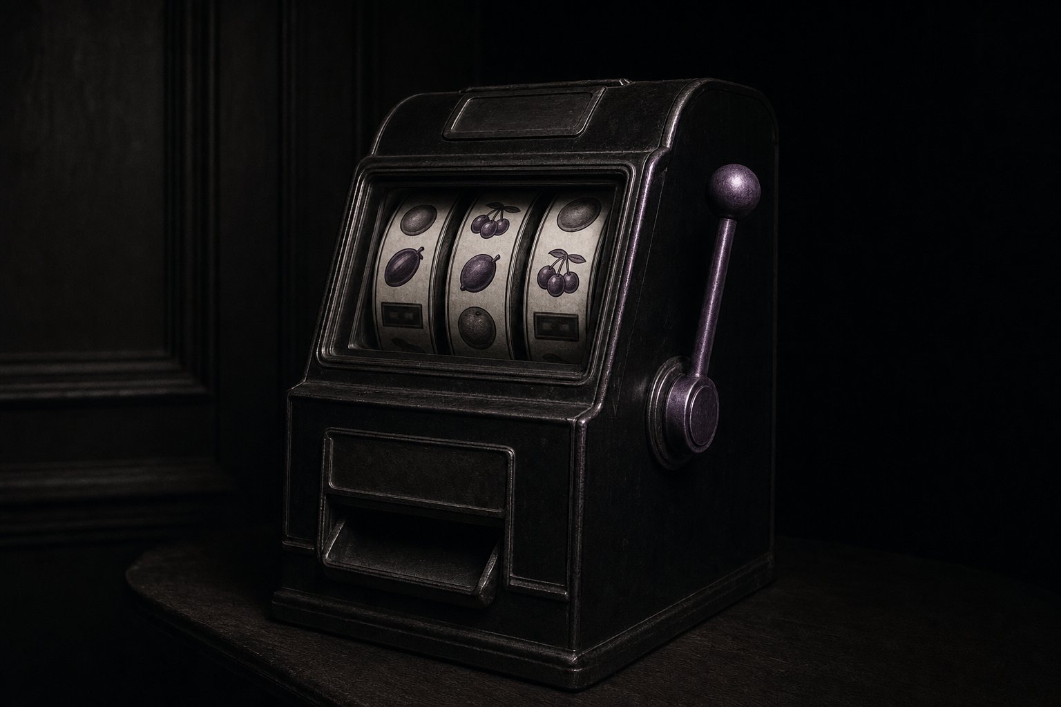 Máquina clássica de slot com três rolos e alavanca, fotografada em penumbra